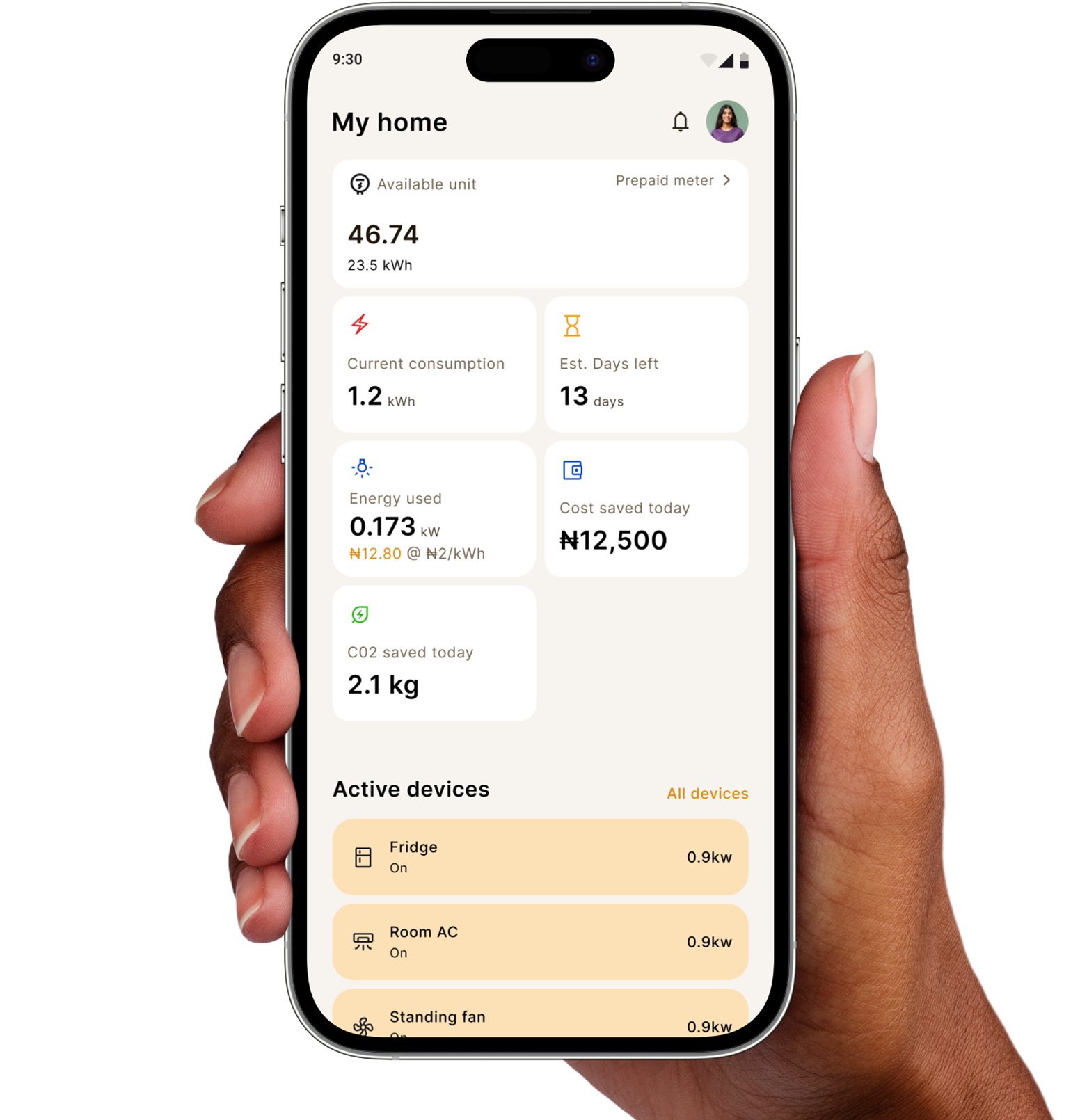 Imólè app showing energy dashboard