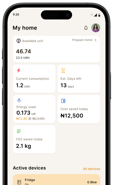 Imólè app interface showing energy consumption tracking